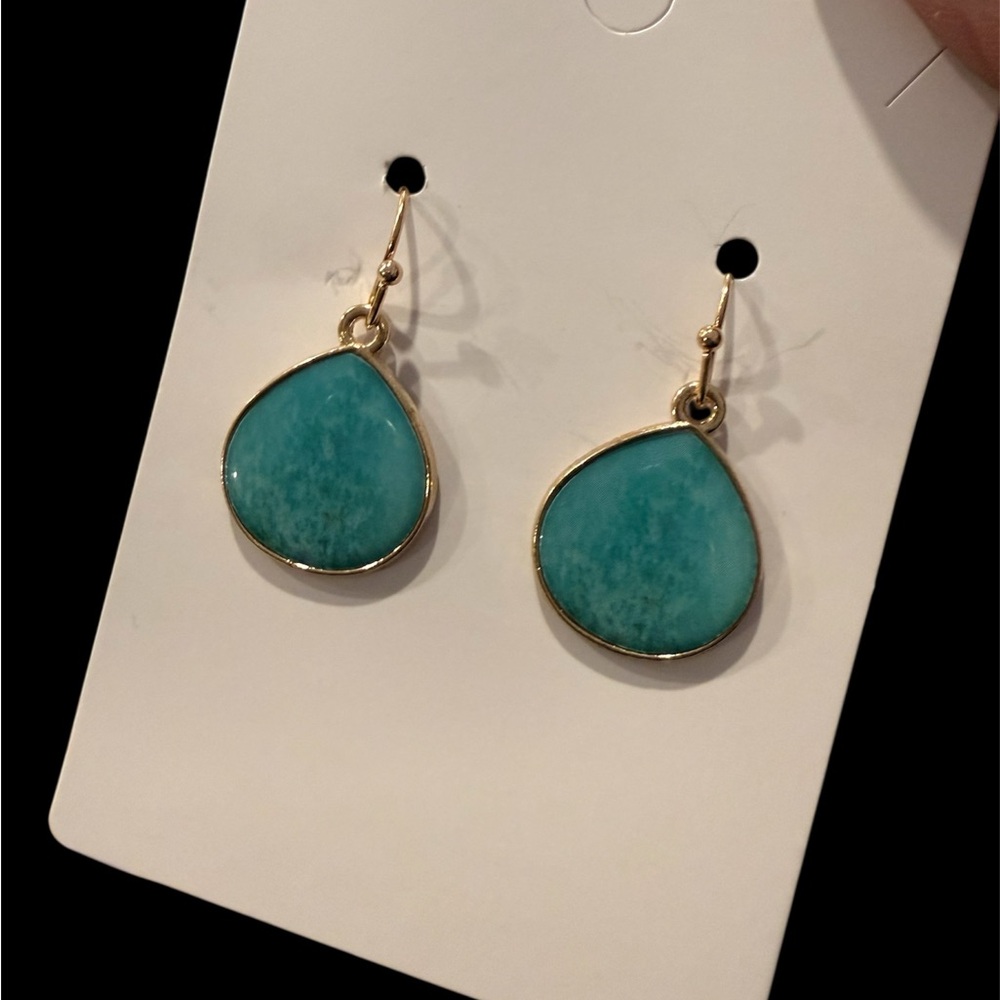 Retro bohemian teal golden earrings - Picture 2 of 3
